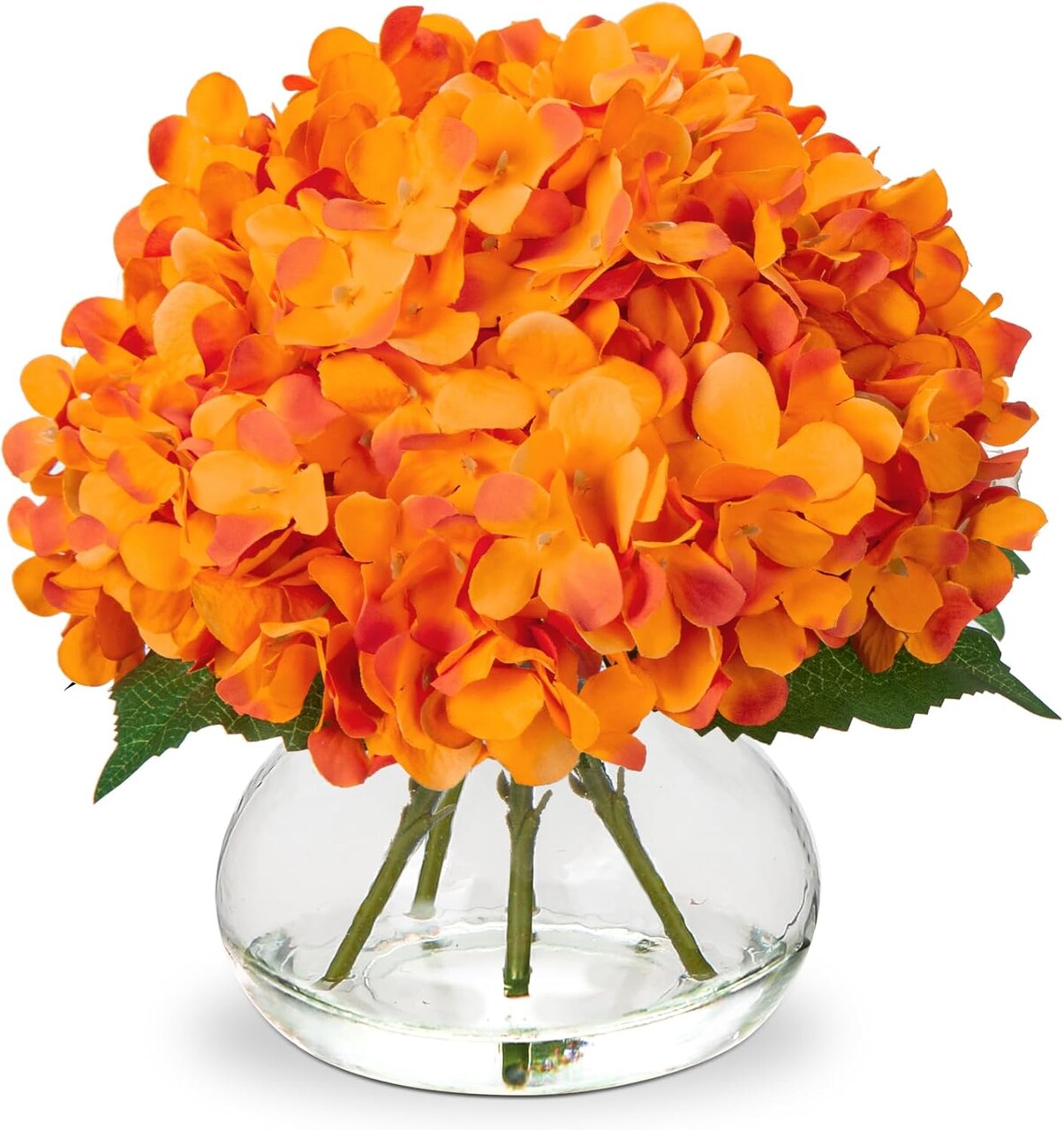 Orange Silk Hydrangea Artificial Flowers in Glass Vase – Faux Floral Arrangement with Faux Water, Bulk Bouquet for Home, Office, Table Centerpiece, or Shelf Decoration